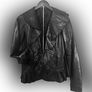 Saks Fifth Avenue Black Leather Ruffled Jacket